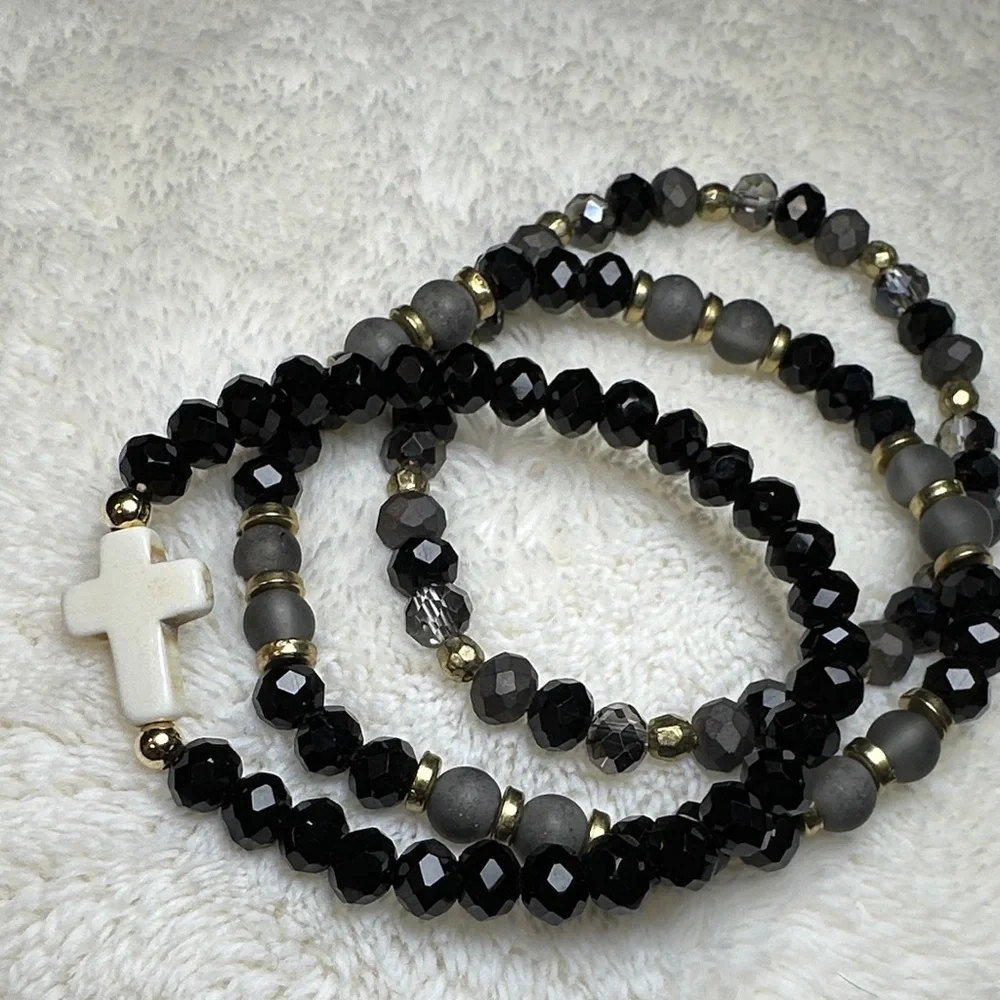 Beaded Bracelet Set of 3 w/Cross Charm on Black & Mirrored Grey & Gold Tone NWOT